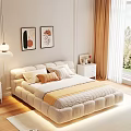 Upholstered Double Bed with Beige Brown Pillows Yellow Blanket Decorative Paintings Nightstand and Window Curtains