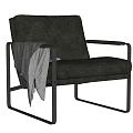 Black Leather Accent Chair with Sleek Metal Frame and Gray Blanket on Seat