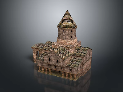 Historic Traditional Stone Building with Pointed Tower Arch Windows and Classic Roof Design 3d model