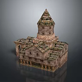 Historic Traditional Stone Building with Pointed Tower Arch Windows and Classic Roof Design