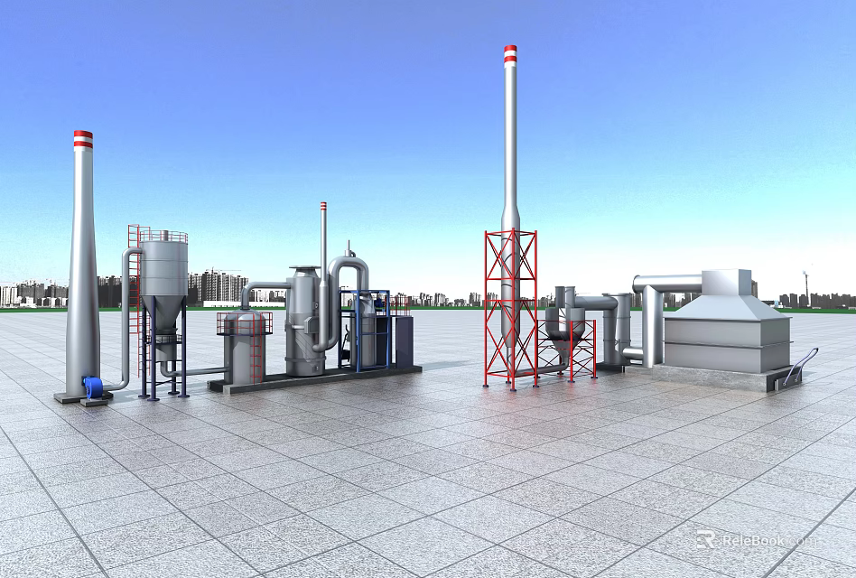 Outdoor Industrial Equipment Setup With Tall Towers Piping Systems And Storage Tanks 3d model 