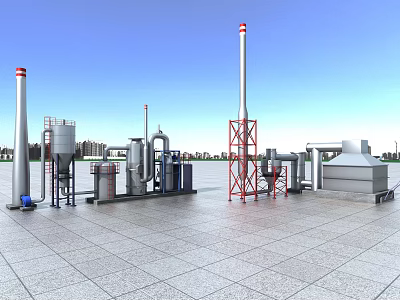 Outdoor Industrial Equipment Setup With Tall Towers Piping Systems And Storage Tanks 3d model