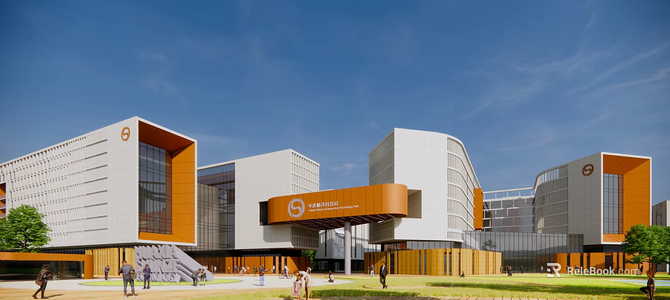 Modern Industrial Factory Exterior Design With Orange White Facade Glass Walls Logo And Lawn Area 3d model 