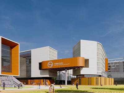 Modern Industrial Factory Exterior Design With Orange White Facade Glass Walls Logo And Lawn Area 3d model