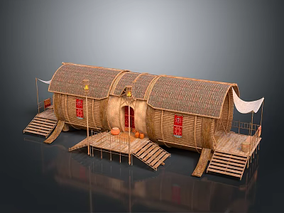 Traditional Wooden House With Thatched Roof Red Windows And Wooden Steps 3d model