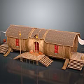 Traditional Wooden House With Thatched Roof Red Windows And Wooden Steps