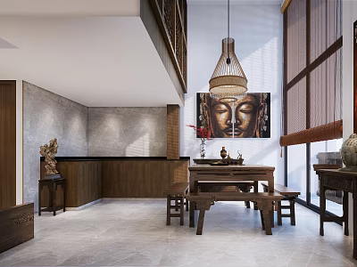 Elegant Chinese Style Clubhouse With Wooden Furniture Buddha Painting Tea Table And Pendant Light 3d model