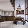Elegant Chinese Style Clubhouse With Wooden Furniture Buddha Painting Tea Table And Pendant Light