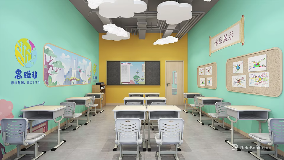 School Classroom With Light Green Yellow Walls Cloud Decorated Ceiling Desks Chairs Picture Display Boards 3d model 