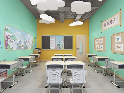 School Classroom With Light Green Yellow Walls Cloud Decorated Ceiling Desks Chairs Picture Display Boards 3d model