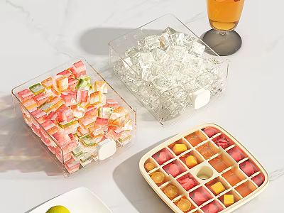 Fresh Colorful Fruit Cubes in Transparent Containers and Compartmentalized Tray with Lemon and Beverage 3d model