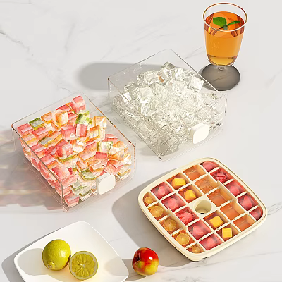 Fresh Colorful Fruit Cubes in Transparent Containers and Compartmentalized Tray with Lemon and Beverage 3d model