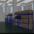 Warehouse Storage Area Featuring Blue Shelves Cardboard Boxes White Walls And Green Floor