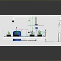 Laboratory Workstation Interior With Black Bottles Green Components Metal Racks And Blue Barrel