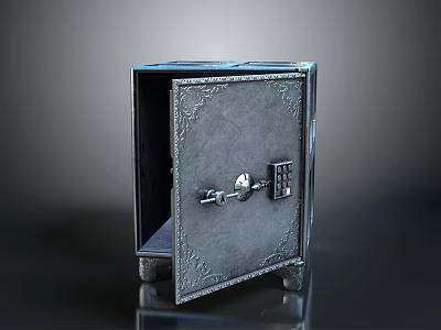 Open Household Safe with Combination Lock Keyhole and Decorative Metal Patterns 3d model