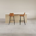 Two Brown Leather Bar Stools With Black Metal Legs By Light Wooden Counter
