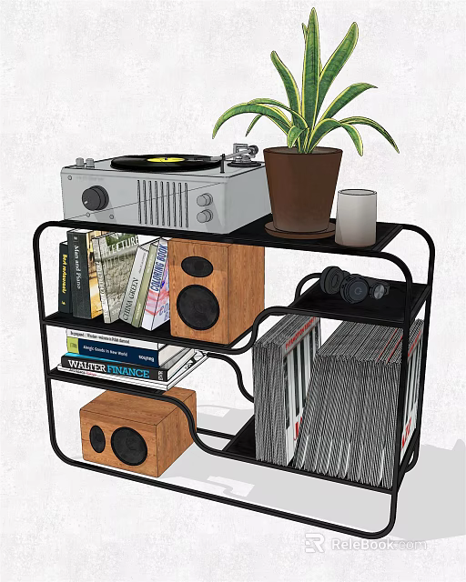 Modern Storage Shelf with Turntable Plant Candle Books Speakers and Vinyl Records 3d model 