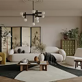 Elegant Modern Living Room Interior With White Sofa Black Chandelier Yellow Armchair And Green Plants