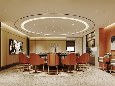 Elegant Modern Private Dining Room With Round Table Orange Chairs TV Ceiling Lighting And Decorations 3d model
