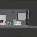 Modern Bar Interior With Red Chairs Round Tables Hexagon Wall Decor And Bottle Shelves