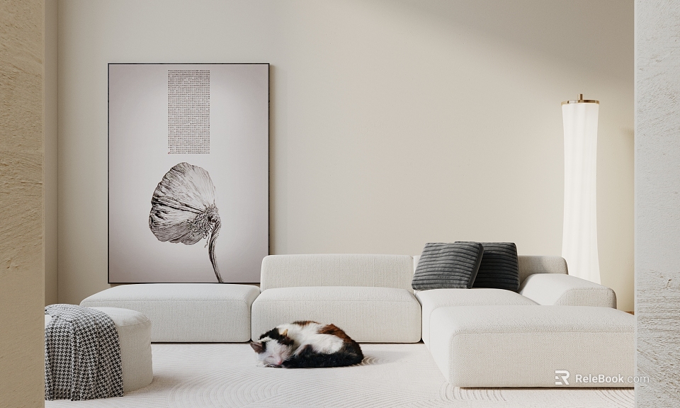 Modern White Sectional Sofa Set In Living Room With Abstract Artwork And Floor Lamp 3d model 