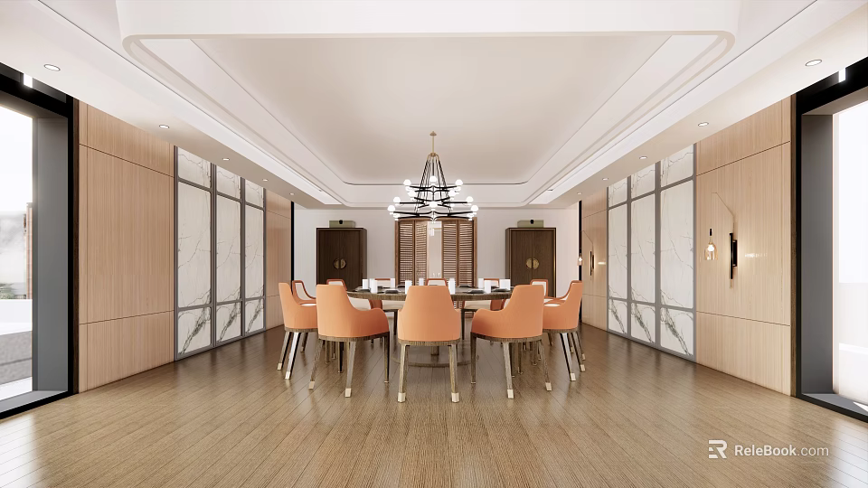 Elegant Modern Private Dining Room With Round Table Orange Chairs Wooden Walls And Glass Partitions 3d model 