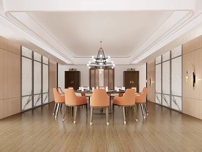 Elegant Modern Private Dining Room With Round Table Orange Chairs Wooden Walls And Glass Partitions 3d model