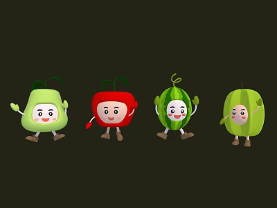 Cute Cartoon Fruits With Smiling Faces Arms And Legs Waving Cheerfully 3d model
