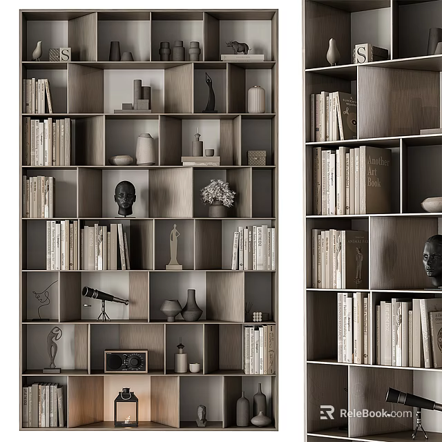 Modern Wooden Shelving Unit with Books Decorative Items and Layered Storage Design 3d model 