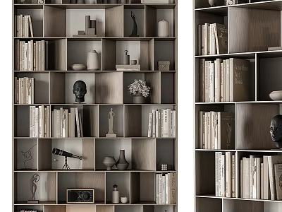Modern Wooden Shelving Unit with Books Decorative Items and Layered Storage Design 3d model