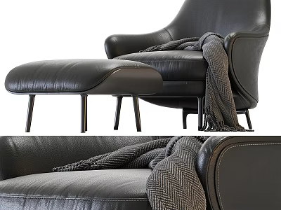 Luxurious Black Leather Accent Chair With Matching Ottoman And Wool Blanket 3d model