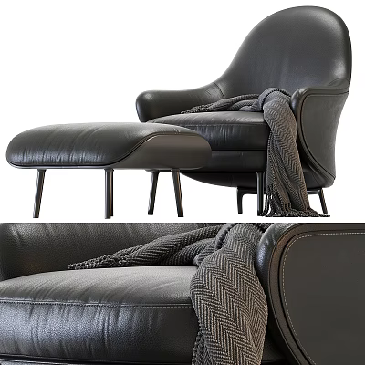 Luxurious Black Leather Accent Chair With Matching Ottoman And Wool Blanket 3d model