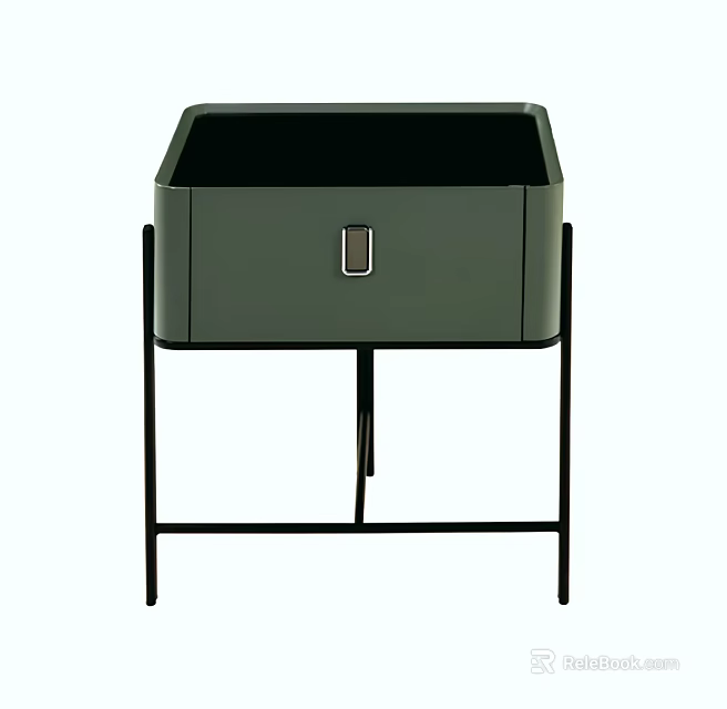 Modern Minimalist Dark Green Nightstand With Drawer And Black Metal Legs 3d model 