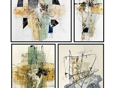 Set of Four Abstract Paintings with Geometric Shapes Colorful Lines and Textured Brushstrokes 3d model