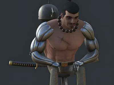 Game Movie Character With Metallic Prosthetic Arms Shirtless Torso Beaded Necklace Metal Helmet Samurai Sword Sitting 3d model