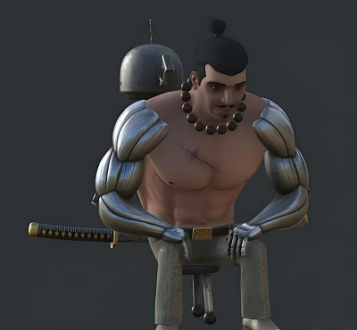 Game Movie Character With Metallic Prosthetic Arms Shirtless Torso Beaded Necklace Metal Helmet Samurai Sword Sitting 3d model