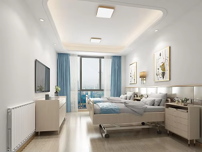 Modern Bedroom Interior With Comfortable Bed TV Blue Curtains And Paintings 3d model