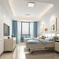 Modern Bedroom Interior With Comfortable Bed TV Blue Curtains And Paintings