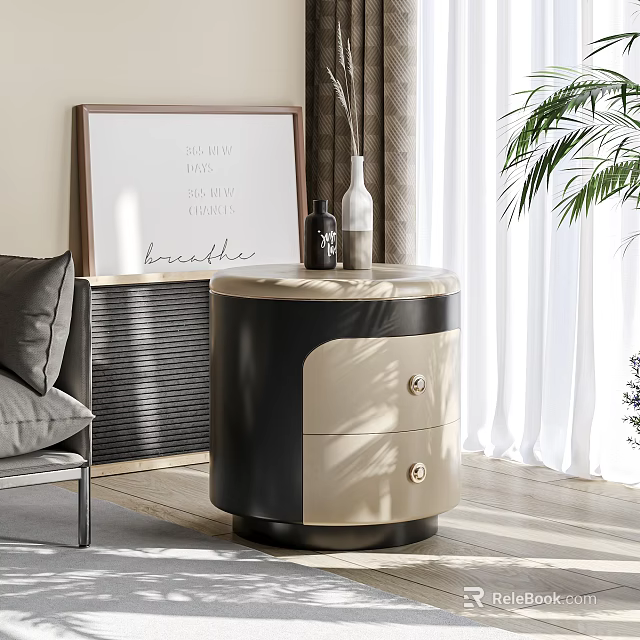 Modern Round Nightstand Black And Beige Design With Two Drawers Vase And Framed Art 3d model 