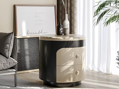 Modern Round Nightstand Black And Beige Design With Two Drawers Vase And Framed Art 3d model