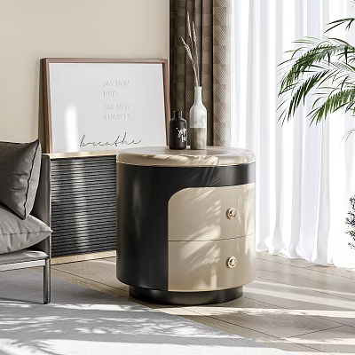 Modern Round Nightstand Black And Beige Design With Two Drawers Vase And Framed Art 3d model