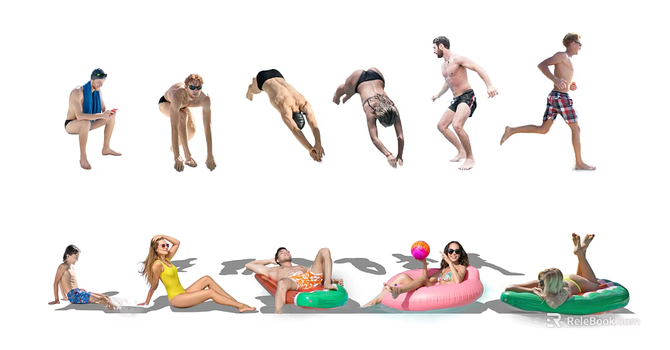 Group of People Diving Running And Relaxing On Inflatable Pool Floats 3d model 