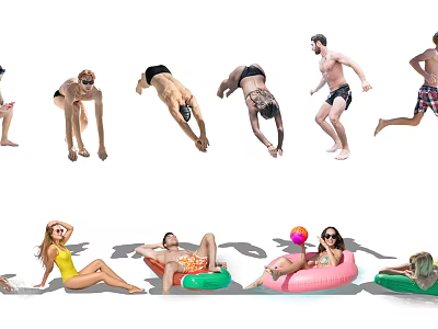 Group of People Diving Running And Relaxing On Inflatable Pool Floats 3d model