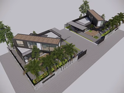 Modern Boutique Guesthouse Building With Palm Trees Greenery And Stone Pathway 3d model