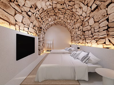 Cozy Hotel Room Interior Featuring Stone Arch Ceiling White Beds Built-in TV And Soft Lighting 3d model