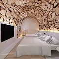 Cozy Hotel Room Interior Featuring Stone Arch Ceiling White Beds Built-in TV And Soft Lighting