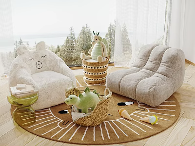 Bear Shaped Lazy Sofa with Plush Cushions in Kids Room and Wicker Basket Toys 3d model