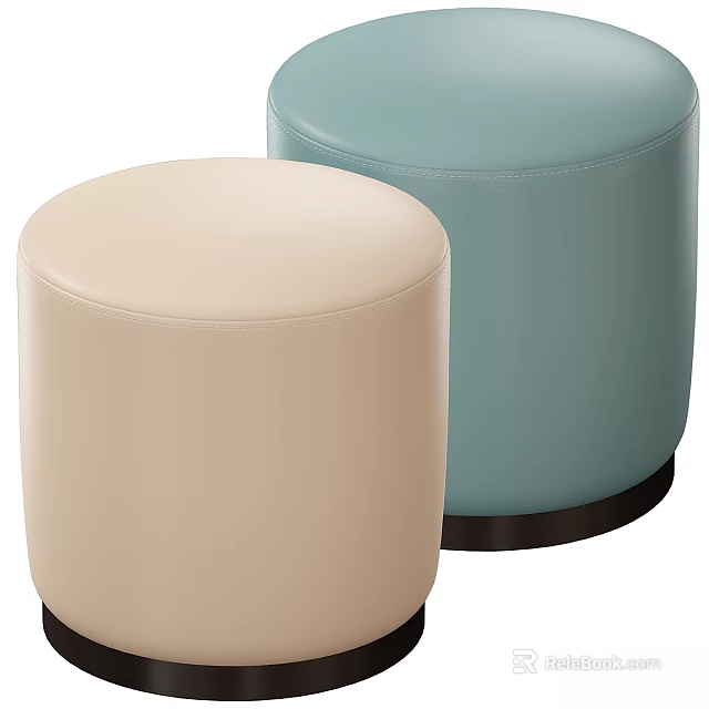 Modern Round Leather Ottoman In Beige And Light Blue With Black Base 3d model 