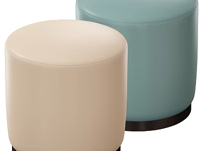 Modern Round Leather Ottoman In Beige And Light Blue With Black Base 3d model