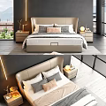 Modern Double Bed Interior With Beige Headboard Pillows Nightstands And Dark Wall Light Strip